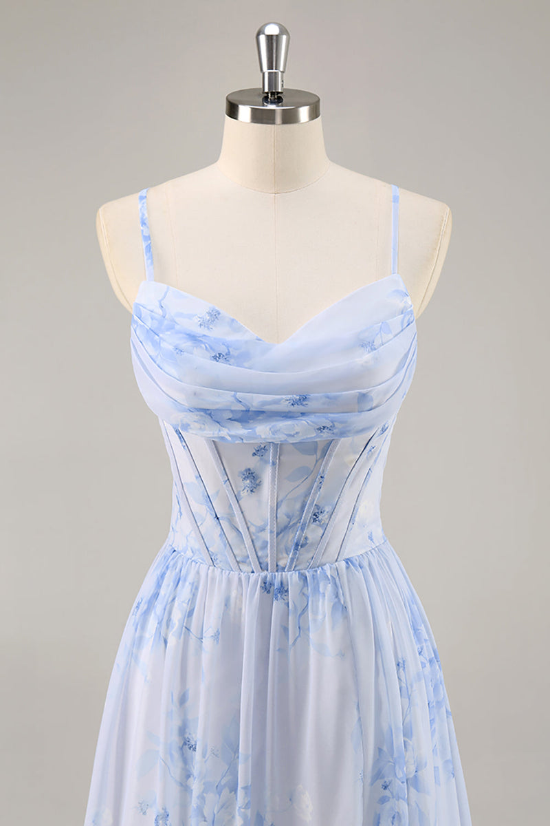 Laden Sie das Bild in den Galerie-Viewer, Blaues Geblümtes Korsett Chiffon Langes Brautjungfernkleid mit Schlitz