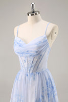 Laden Sie das Bild in den Galerie-Viewer, Blaues Geblümtes Korsett Chiffon Langes Brautjungfernkleid mit Schlitz