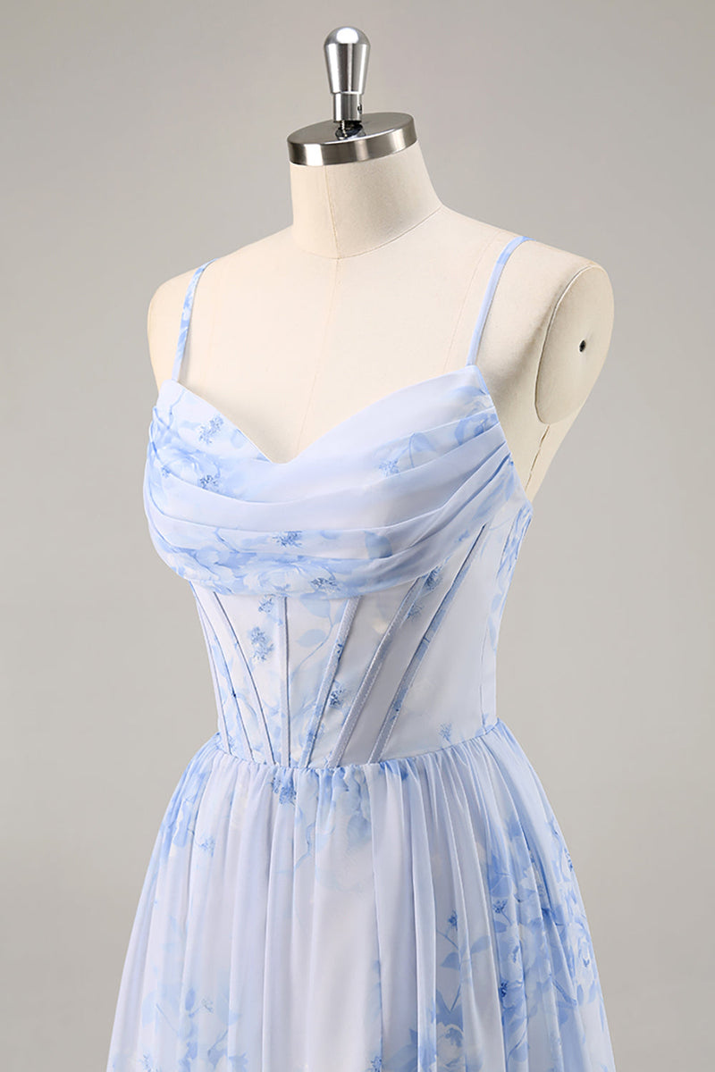 Laden Sie das Bild in den Galerie-Viewer, Blaues Geblümtes Korsett Chiffon Langes Brautjungfernkleid mit Schlitz