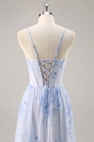 Laden Sie das Bild in den Galerie-Viewer, Blaues Geblümtes Korsett Chiffon Langes Brautjungfernkleid mit Schlitz