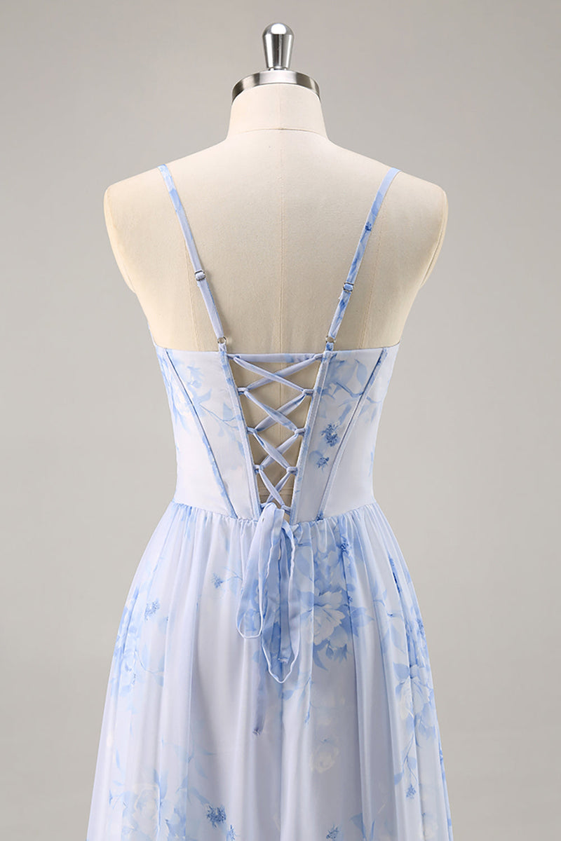 Laden Sie das Bild in den Galerie-Viewer, Blaues Geblümtes Korsett Chiffon Langes Brautjungfernkleid mit Schlitz