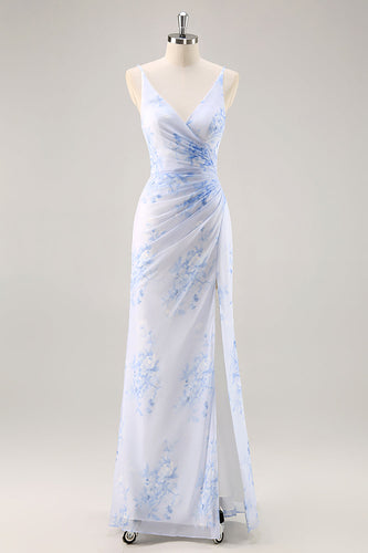 Blaues Geblümtes Gerafftes Chiffon Brautjungfernkleid mit Schlitz