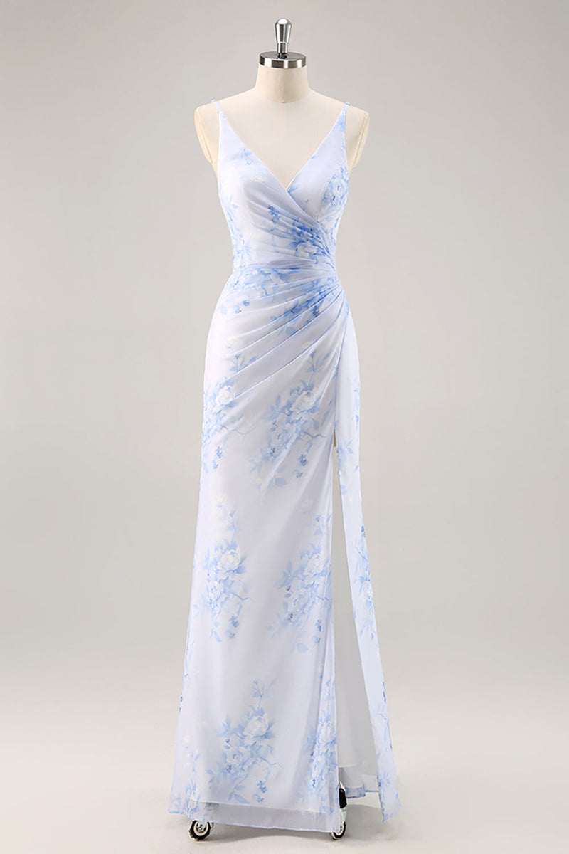 Laden Sie das Bild in den Galerie-Viewer, Blaues Geblümtes Gerafftes Chiffon Brautjungfernkleid mit Schlitz