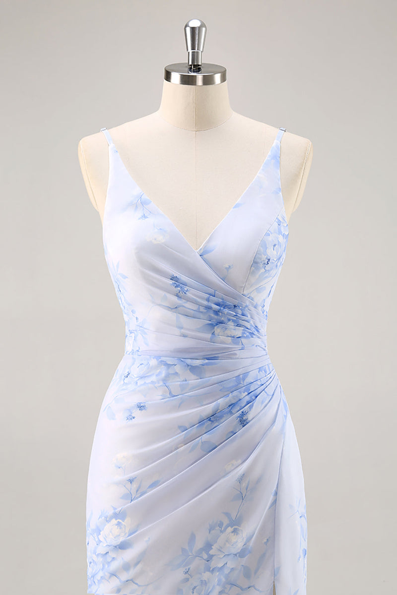 Laden Sie das Bild in den Galerie-Viewer, Blaues Geblümtes Gerafftes Chiffon Brautjungfernkleid mit Schlitz