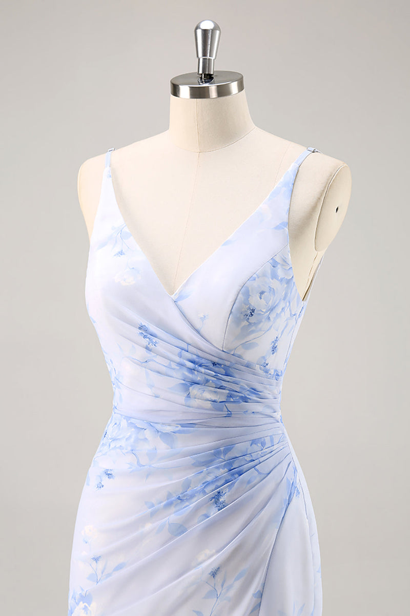 Laden Sie das Bild in den Galerie-Viewer, Blaues Geblümtes Gerafftes Chiffon Brautjungfernkleid mit Schlitz