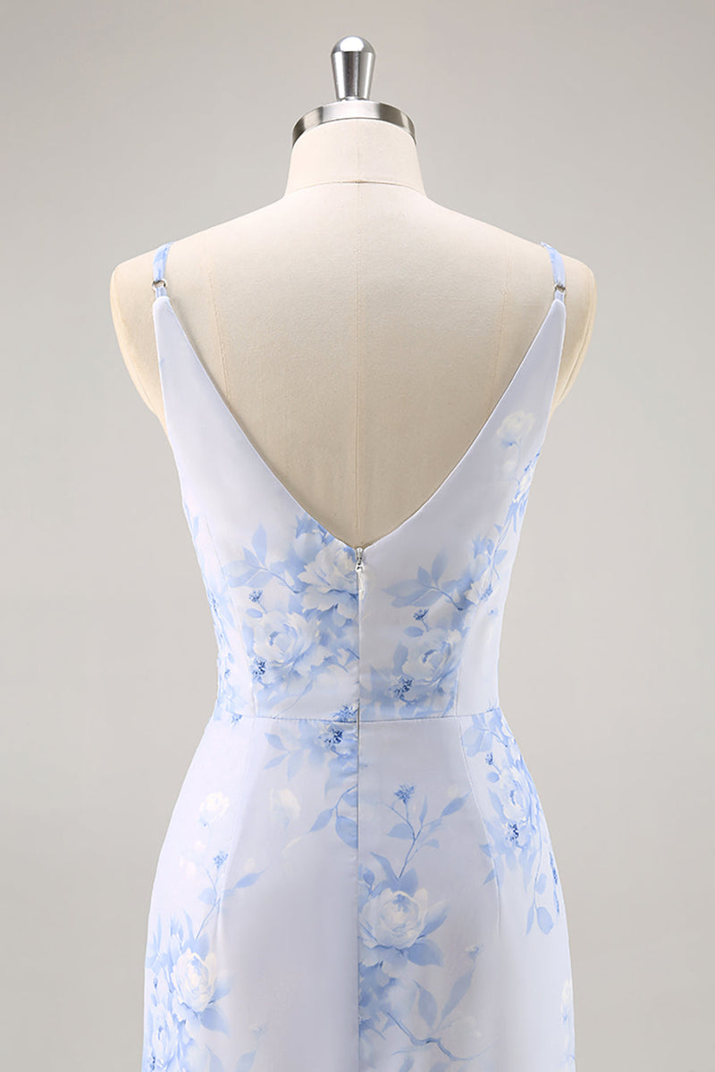 Laden Sie das Bild in den Galerie-Viewer, Blaues Geblümtes Gerafftes Chiffon Brautjungfernkleid mit Schlitz