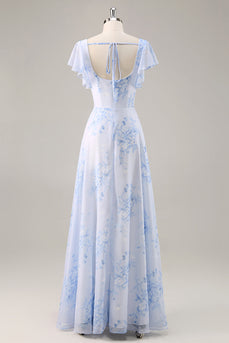 Blaues Chiffon Blumen Brautjungfernkleid mit Rundhalsausschnitt und Rüschen