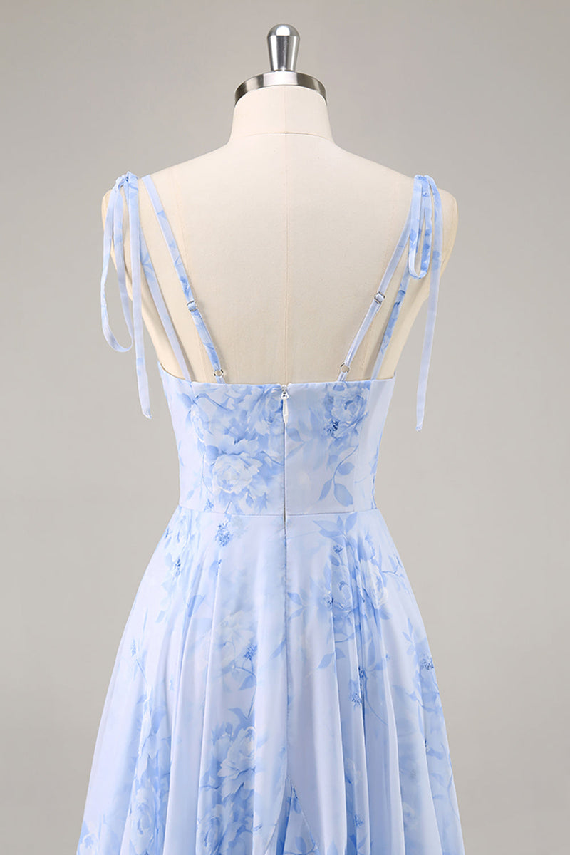 Laden Sie das Bild in den Galerie-Viewer, Blaues Chiffon Blumen A-Linie Brautjungfernkleid mit Rüschen