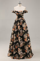 Laden Sie das Bild in den Galerie-Viewer, Funkelndes Schwarzes Geblümtes Gerafftes Langes Brautjungfernkleid mit Perlen
