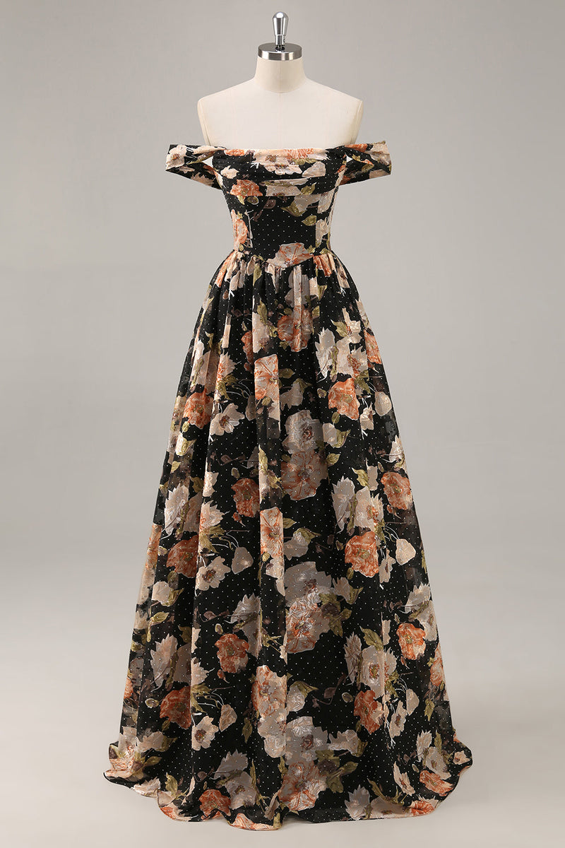 Laden Sie das Bild in den Galerie-Viewer, Funkelndes Schwarzes Geblümtes Gerafftes Langes Brautjungfernkleid mit Perlen