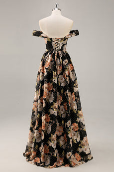 Funkelndes Schwarzes Geblümtes Gerafftes Langes Brautjungfernkleid mit Perlen