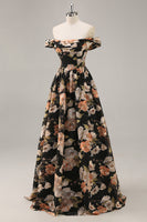 Laden Sie das Bild in den Galerie-Viewer, Funkelndes Schwarzes Geblümtes Gerafftes Langes Brautjungfernkleid mit Perlen