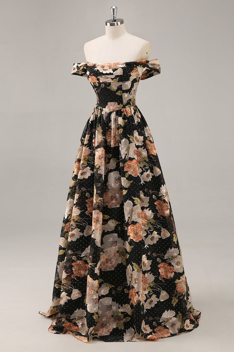 Laden Sie das Bild in den Galerie-Viewer, Funkelndes Schwarzes Geblümtes Gerafftes Langes Brautjungfernkleid mit Perlen