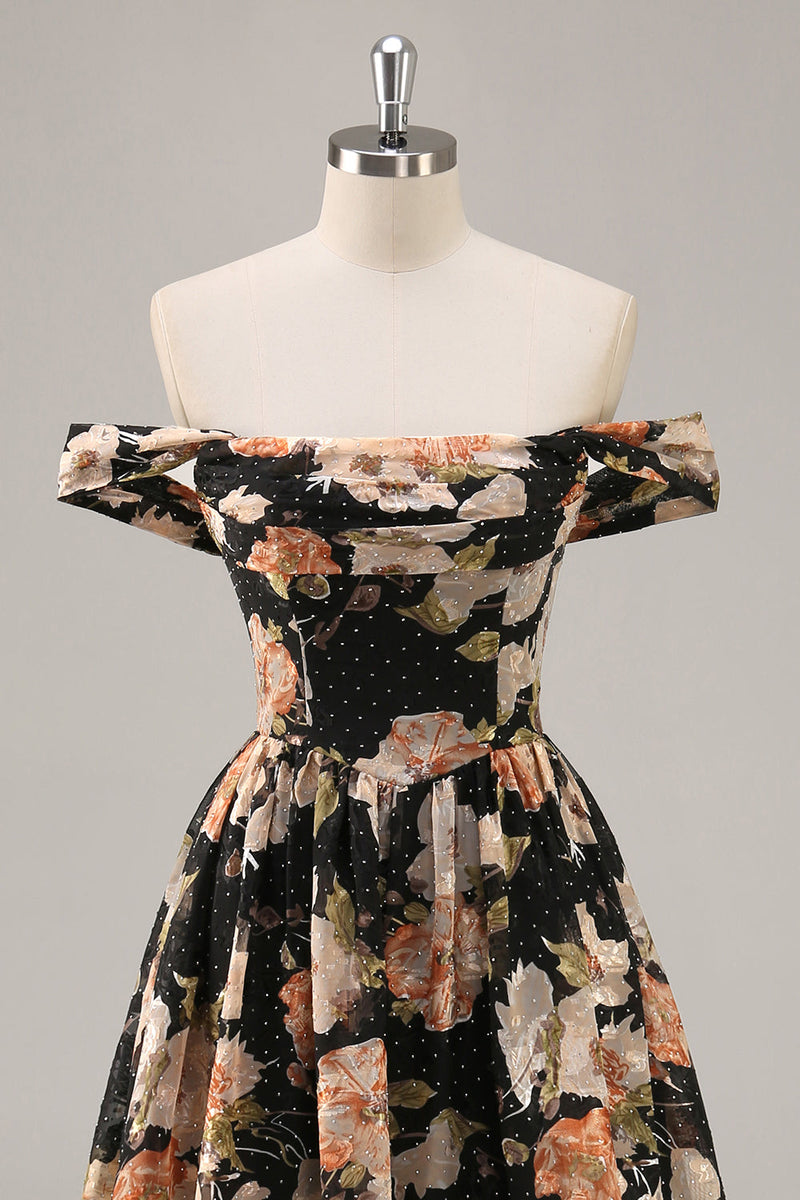 Laden Sie das Bild in den Galerie-Viewer, Funkelndes Schwarzes Geblümtes Gerafftes Langes Brautjungfernkleid mit Perlen