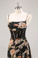 Laden Sie das Bild in den Galerie-Viewer, Funkelndes Schwarzes Korsett Geblümtes Langes Brautjungfernkleid mit Perlen