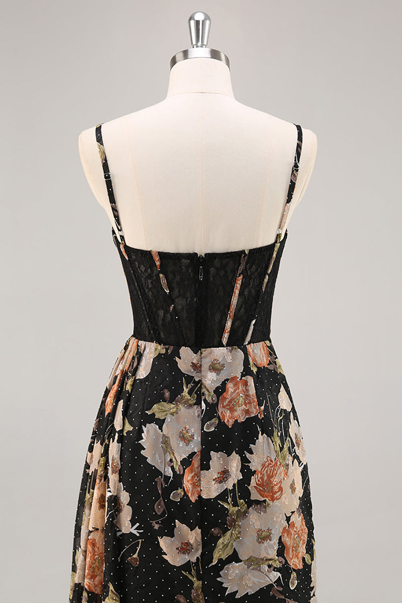 Laden Sie das Bild in den Galerie-Viewer, Funkelndes Schwarzes Korsett Geblümtes Langes Brautjungfernkleid mit Perlen