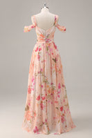 Laden Sie das Bild in den Galerie-Viewer, Rosa Geblümtes Gerafftes Langes Brautjungfernkleid mit Schlitz
