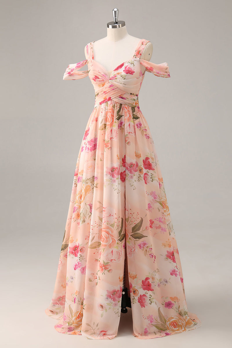 Laden Sie das Bild in den Galerie-Viewer, Rosa Geblümtes Gerafftes Langes Brautjungfernkleid mit Schlitz