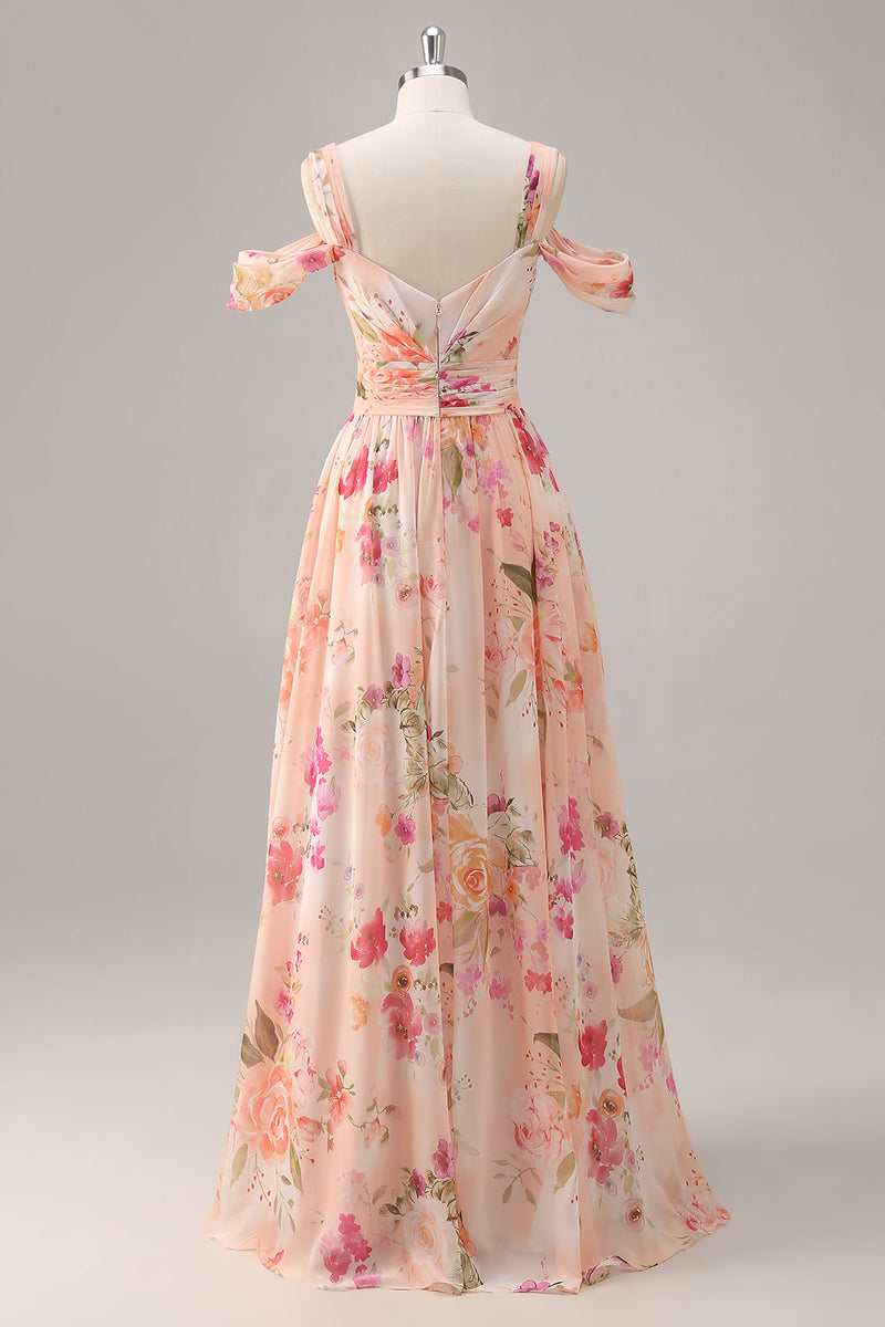 Laden Sie das Bild in den Galerie-Viewer, Rosa Geblümtes Gerafftes Langes Brautjungfernkleid mit Schlitz