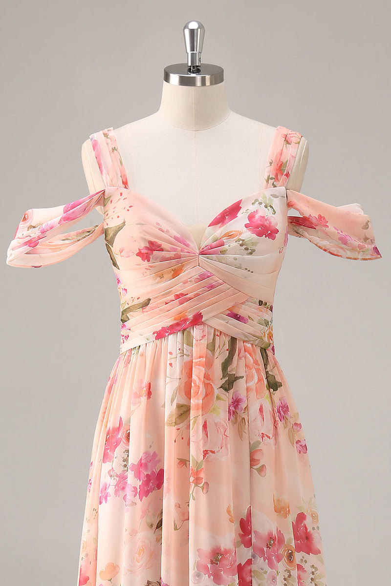 Laden Sie das Bild in den Galerie-Viewer, Rosa Geblümtes Gerafftes Langes Brautjungfernkleid mit Schlitz