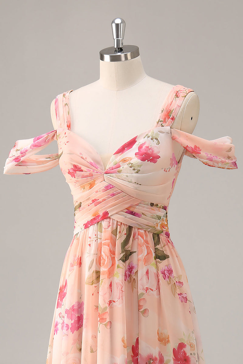 Laden Sie das Bild in den Galerie-Viewer, Rosa Geblümtes Gerafftes Langes Brautjungfernkleid mit Schlitz