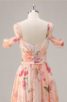 Laden Sie das Bild in den Galerie-Viewer, Rosa Geblümtes Gerafftes Langes Brautjungfernkleid mit Schlitz