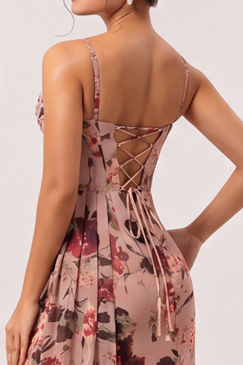 Laden Sie das Bild in den Galerie-Viewer, Dusty Rose Etui Gerafftes Blumen Korsett Langes Brautjungfernkleid mit seitlichem Streamer