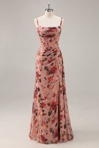 Dusty Rose Gerafftes Geblümtes Korsett Langes Brautjungfernkleid mit Schlitz