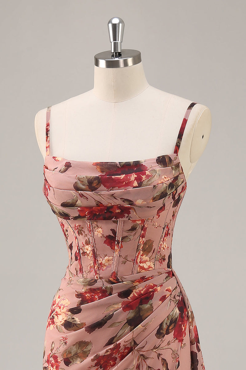 Laden Sie das Bild in den Galerie-Viewer, Dusty Rose Gerafftes Geblümtes Korsett Langes Brautjungfernkleid mit Schlitz