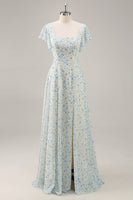 Laden Sie das Bild in den Galerie-Viewer, Blaues Langes Geblümtes Brautjungfernkleid aus Chiffon mit Rüschen und Schlitz