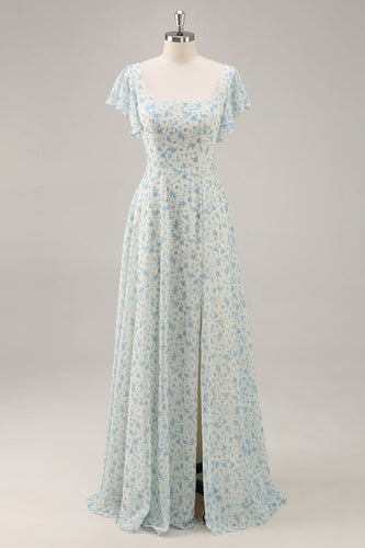 Blaues Langes Geblümtes Brautjungfernkleid aus Chiffon mit Rüschen und Schlitz
