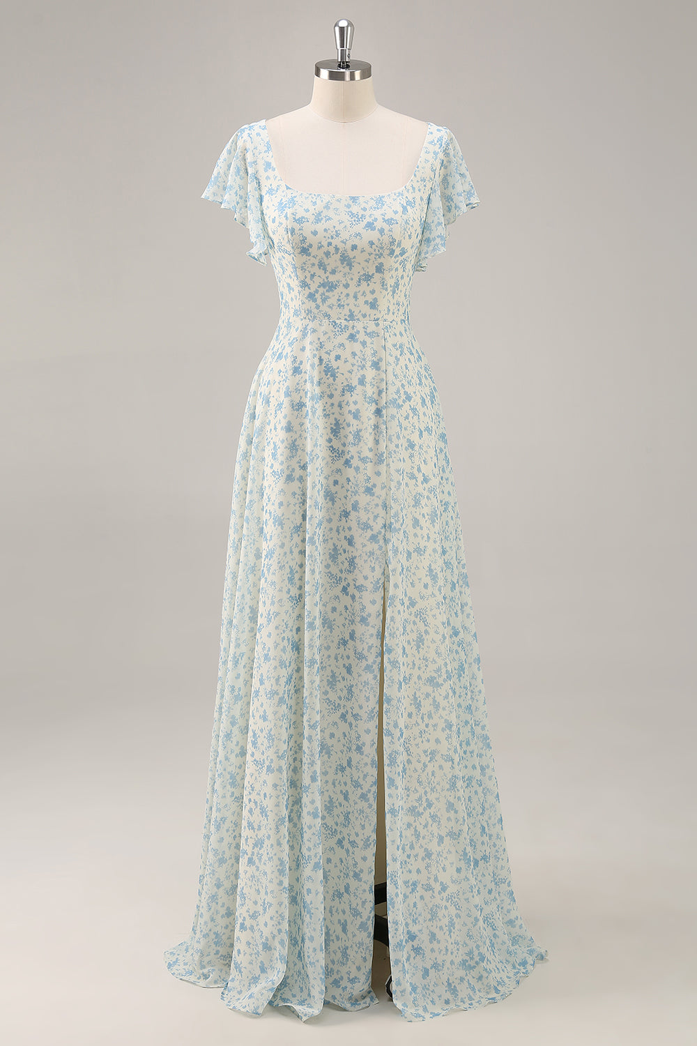 Blaues Langes Geblümtes Brautjungfernkleid aus Chiffon mit Rüschen und Schlitz