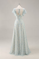 Laden Sie das Bild in den Galerie-Viewer, Blaues Langes Geblümtes Brautjungfernkleid aus Chiffon mit Rüschen und Schlitz