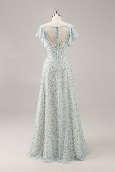 Blaues Langes Geblümtes Brautjungfernkleid aus Chiffon mit Rüschen und Schlitz