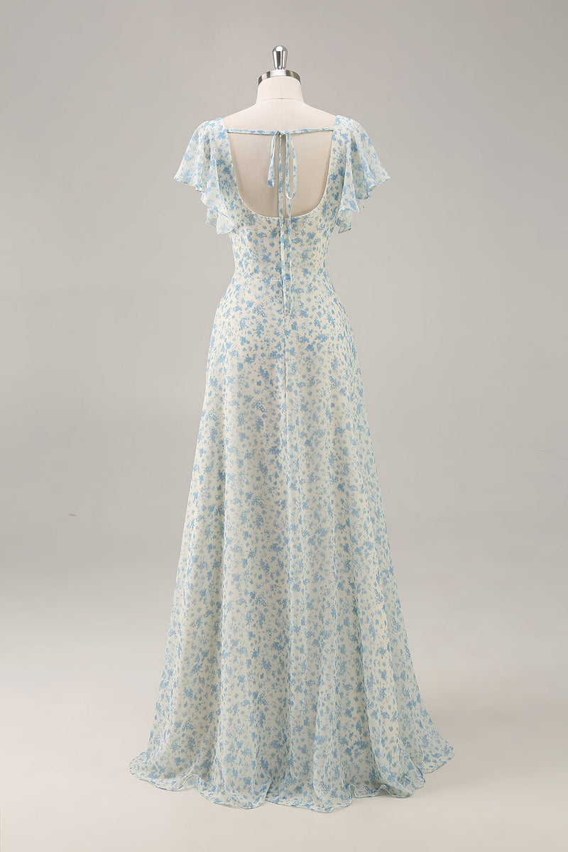 Laden Sie das Bild in den Galerie-Viewer, Blaues Langes Geblümtes Brautjungfernkleid aus Chiffon mit Rüschen und Schlitz