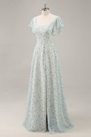 Laden Sie das Bild in den Galerie-Viewer, Blaues Langes Geblümtes Brautjungfernkleid aus Chiffon mit Rüschen und Schlitz