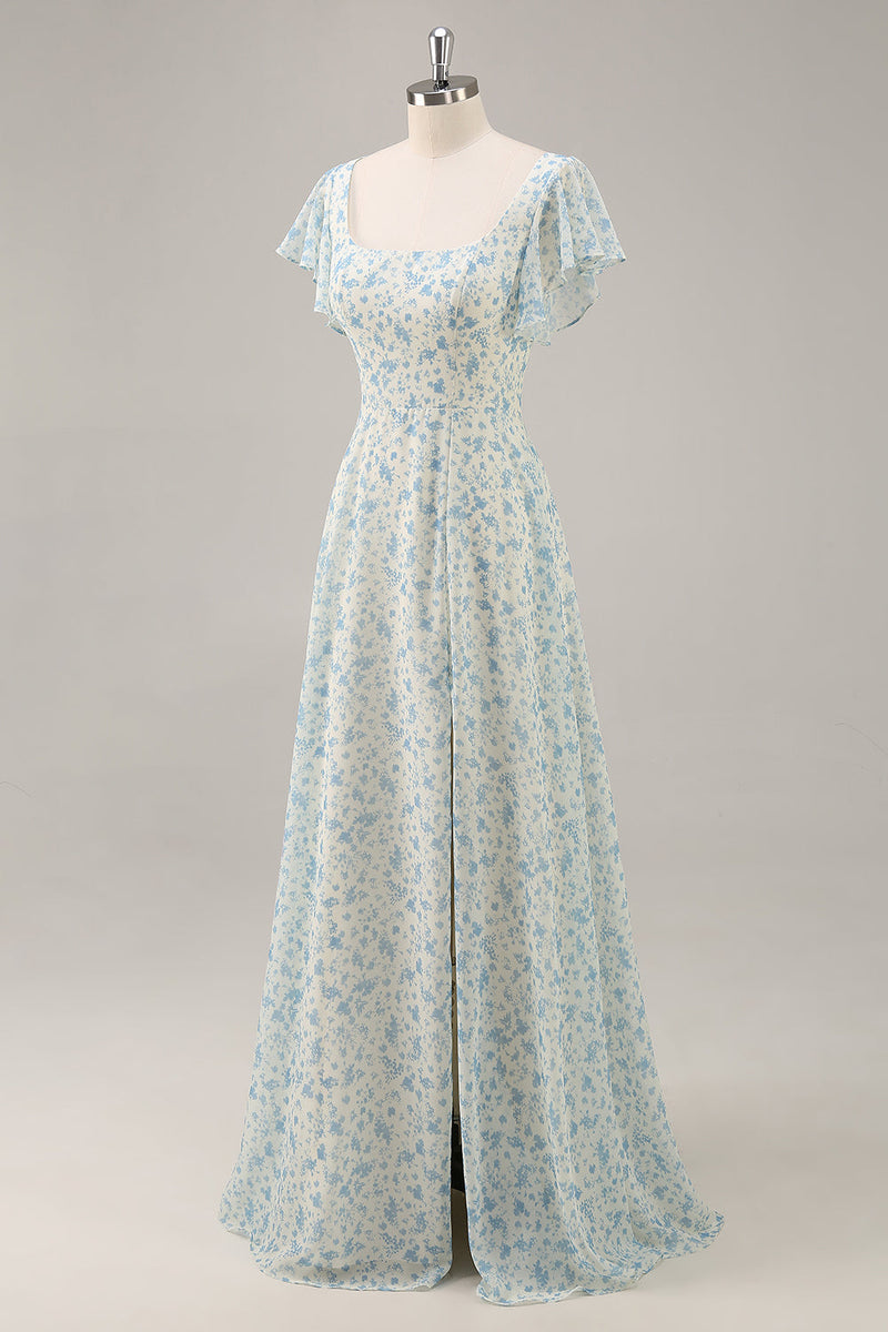 Laden Sie das Bild in den Galerie-Viewer, Blaues Langes Geblümtes Brautjungfernkleid aus Chiffon mit Rüschen und Schlitz