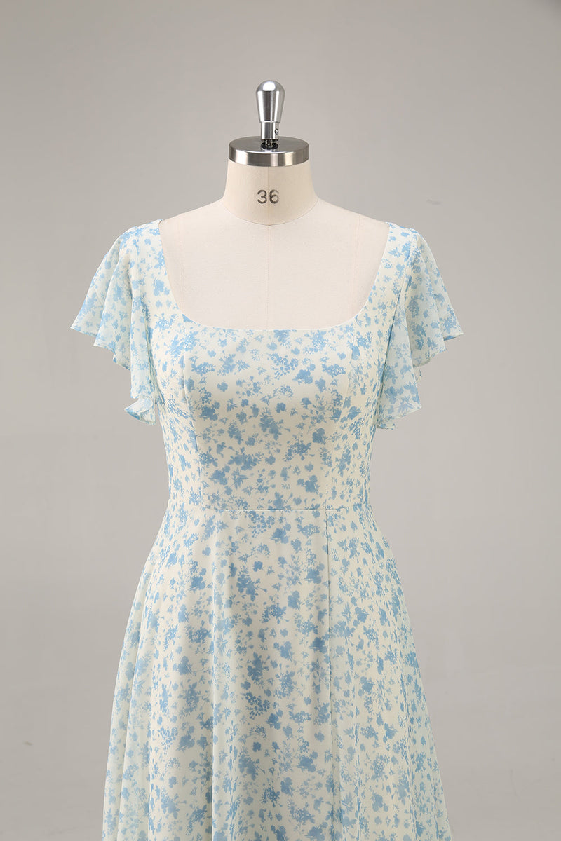 Laden Sie das Bild in den Galerie-Viewer, Blaues Langes Geblümtes Brautjungfernkleid aus Chiffon mit Rüschen und Schlitz