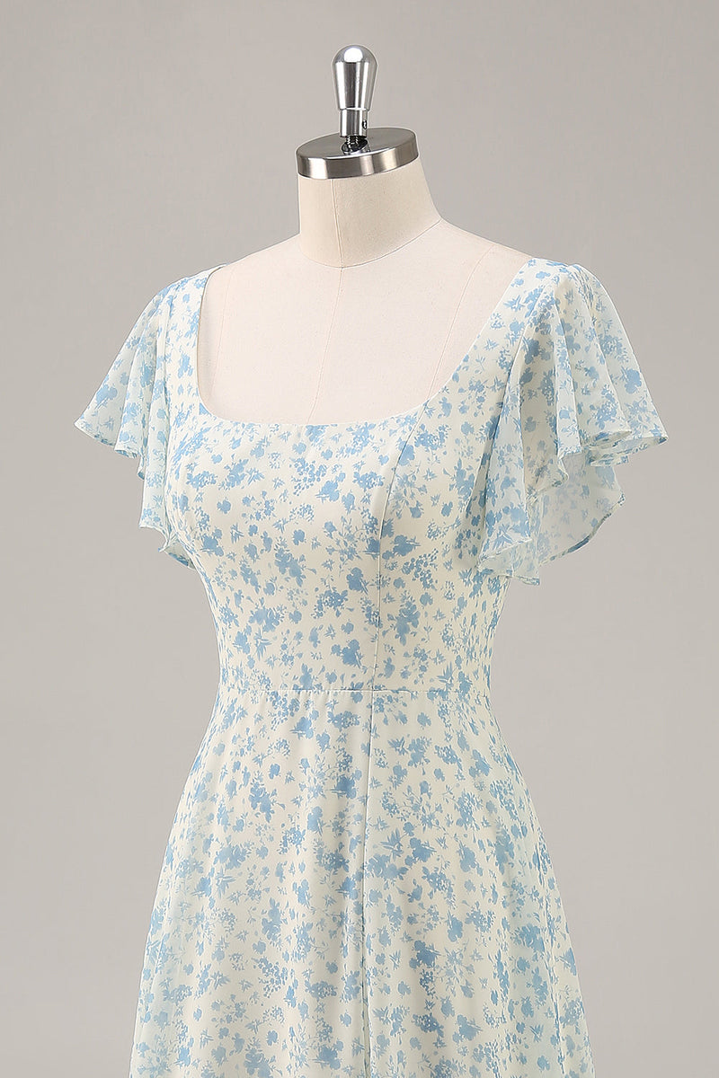 Laden Sie das Bild in den Galerie-Viewer, Blaues Langes Geblümtes Brautjungfernkleid aus Chiffon mit Rüschen und Schlitz