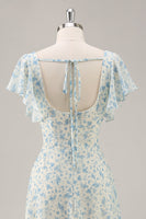 Laden Sie das Bild in den Galerie-Viewer, Blaues Langes Geblümtes Brautjungfernkleid aus Chiffon mit Rüschen und Schlitz