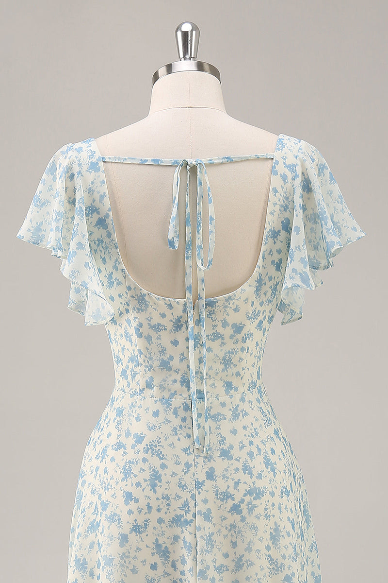 Laden Sie das Bild in den Galerie-Viewer, Blaues Langes Geblümtes Brautjungfernkleid aus Chiffon mit Rüschen und Schlitz