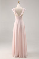 Laden Sie das Bild in den Galerie-Viewer, Bonbonrosa Langes Brautjungfernkleid mit Flügelärmeln und Schärpe