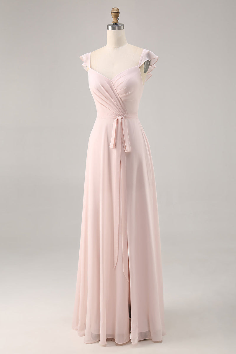 Laden Sie das Bild in den Galerie-Viewer, Bonbonrosa Langes Brautjungfernkleid mit Flügelärmeln und Schärpe