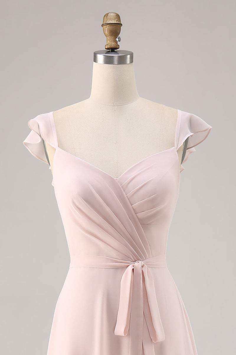 Laden Sie das Bild in den Galerie-Viewer, Bonbonrosa Langes Brautjungfernkleid mit Flügelärmeln und Schärpe