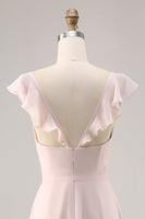 Laden Sie das Bild in den Galerie-Viewer, Bonbonrosa Langes Brautjungfernkleid mit Flügelärmeln und Schärpe