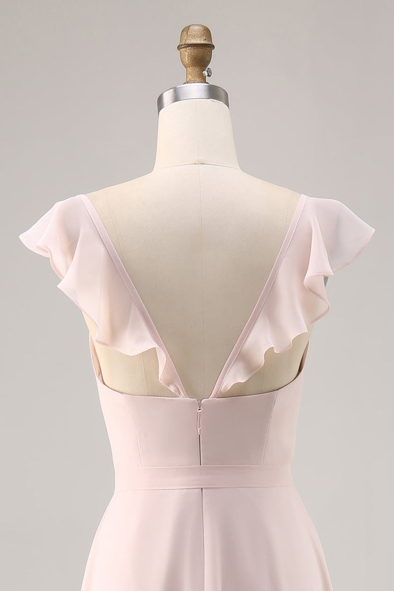 Laden Sie das Bild in den Galerie-Viewer, Bonbonrosa Langes Brautjungfernkleid mit Flügelärmeln und Schärpe