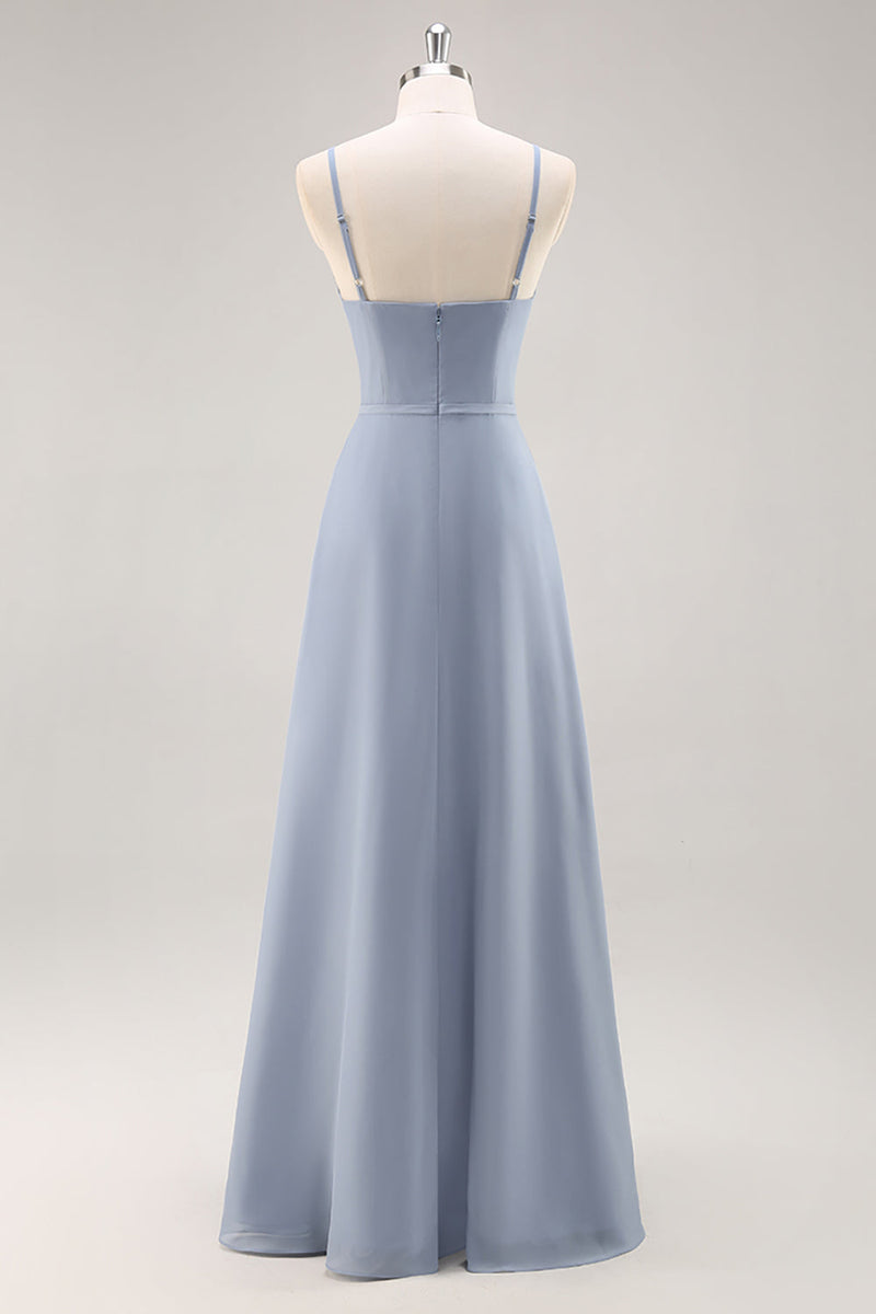 Laden Sie das Bild in den Galerie-Viewer, Staubblaues Chiffon A-Linie Brautjungfernkleid mit Rüschen