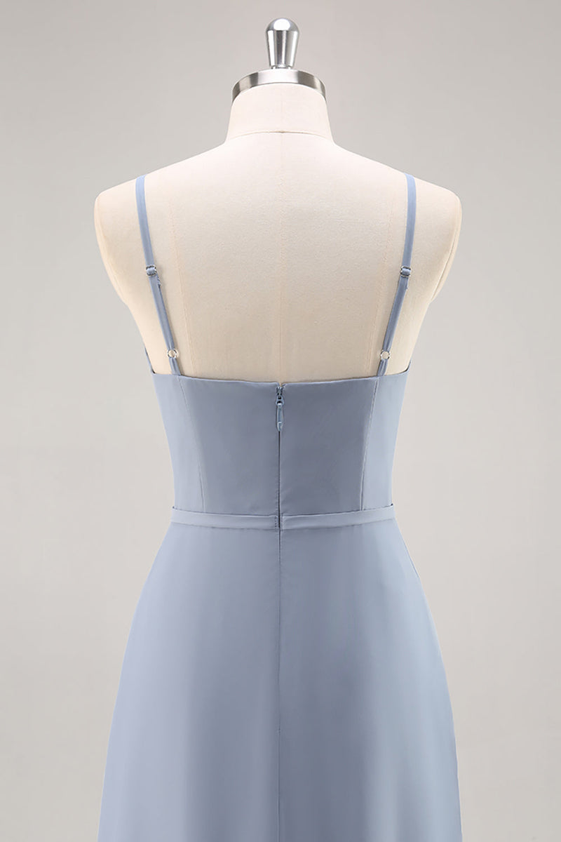 Laden Sie das Bild in den Galerie-Viewer, Staubblaues Chiffon A-Linie Brautjungfernkleid mit Rüschen