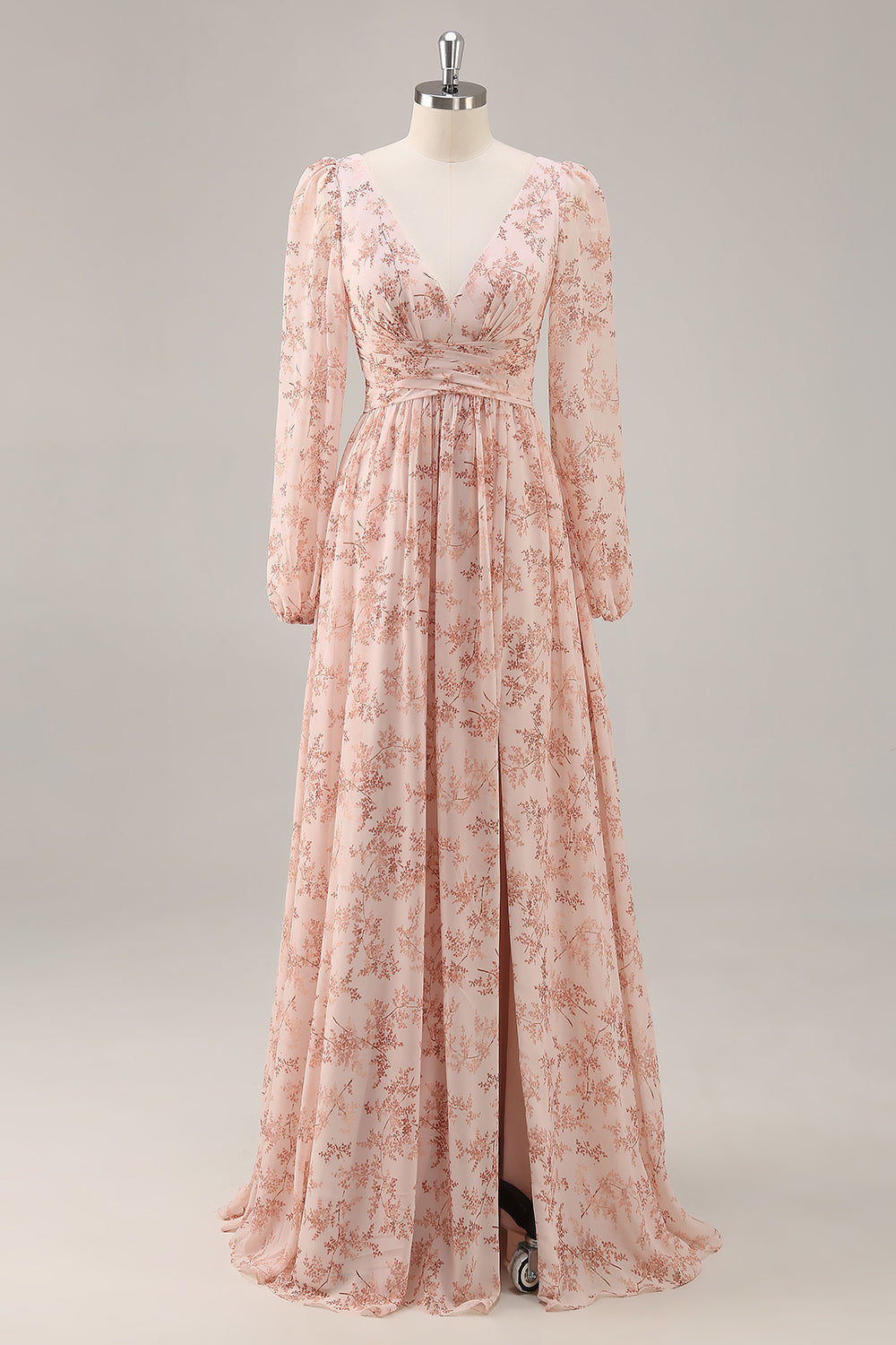 Rosa Geblümtes Chiffon V-Ausschnitt Brautjungfernkleid mit langen Ärmeln und Schlitz