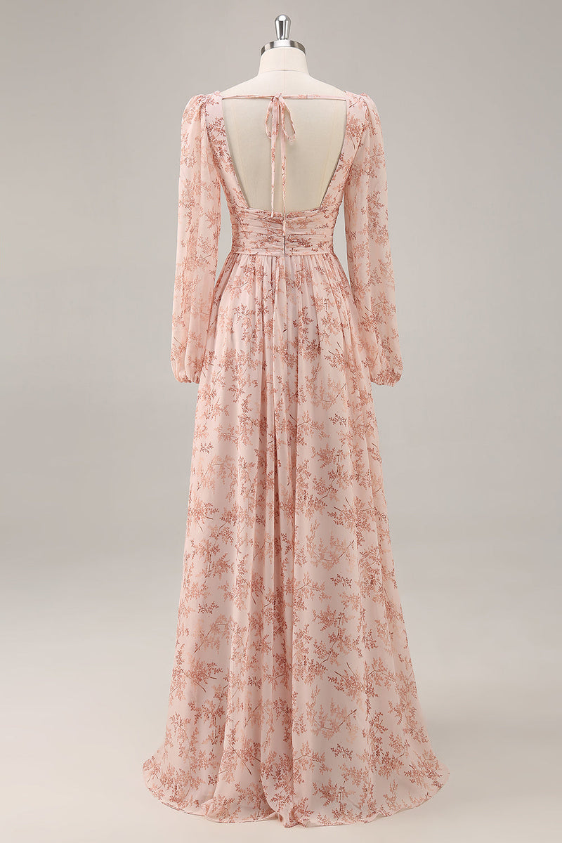 Laden Sie das Bild in den Galerie-Viewer, Rosa Geblümtes Chiffon V-Ausschnitt Brautjungfernkleid mit langen Ärmeln und Schlitz